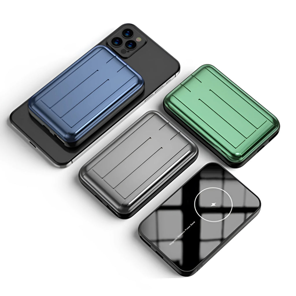 Blue magnetic wireless charging power bank showing dimensions and multi-port output