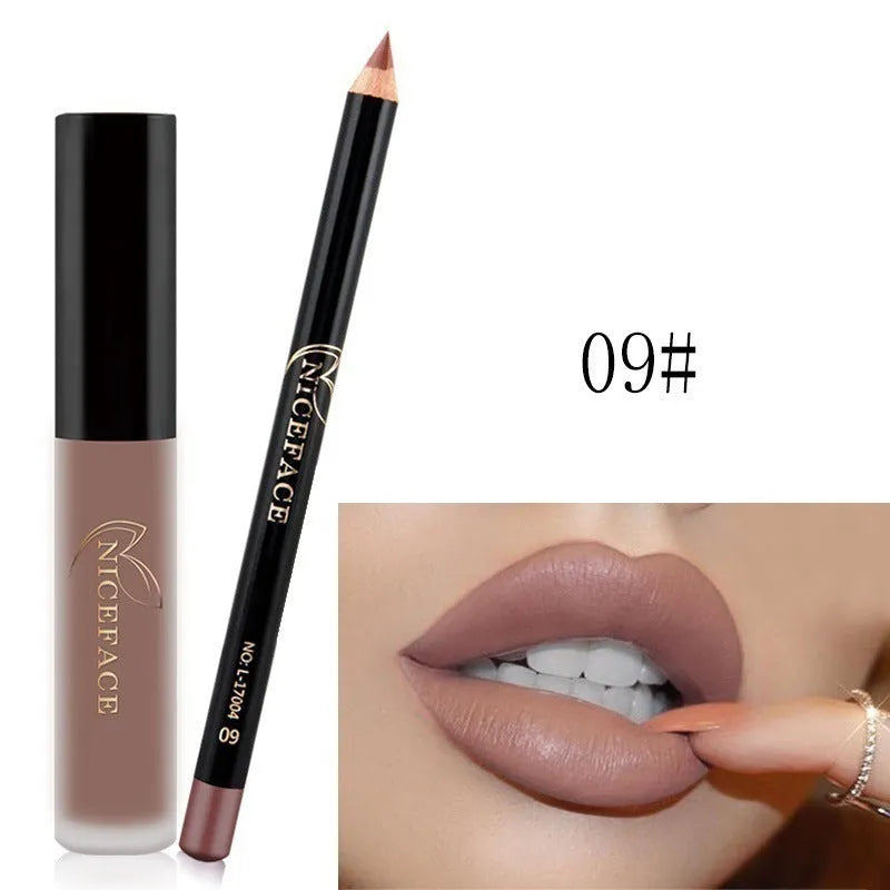 Matte lip gloss and freestyle lip pencil set in 12 colours with non-stick cup fade resistant formula