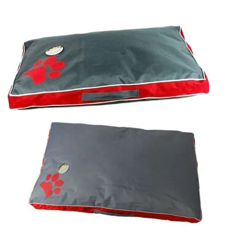 Waterproof Oxford cloth dog bed with removable washable cover and non-slip bottom, red blue black, sizes M to XXL