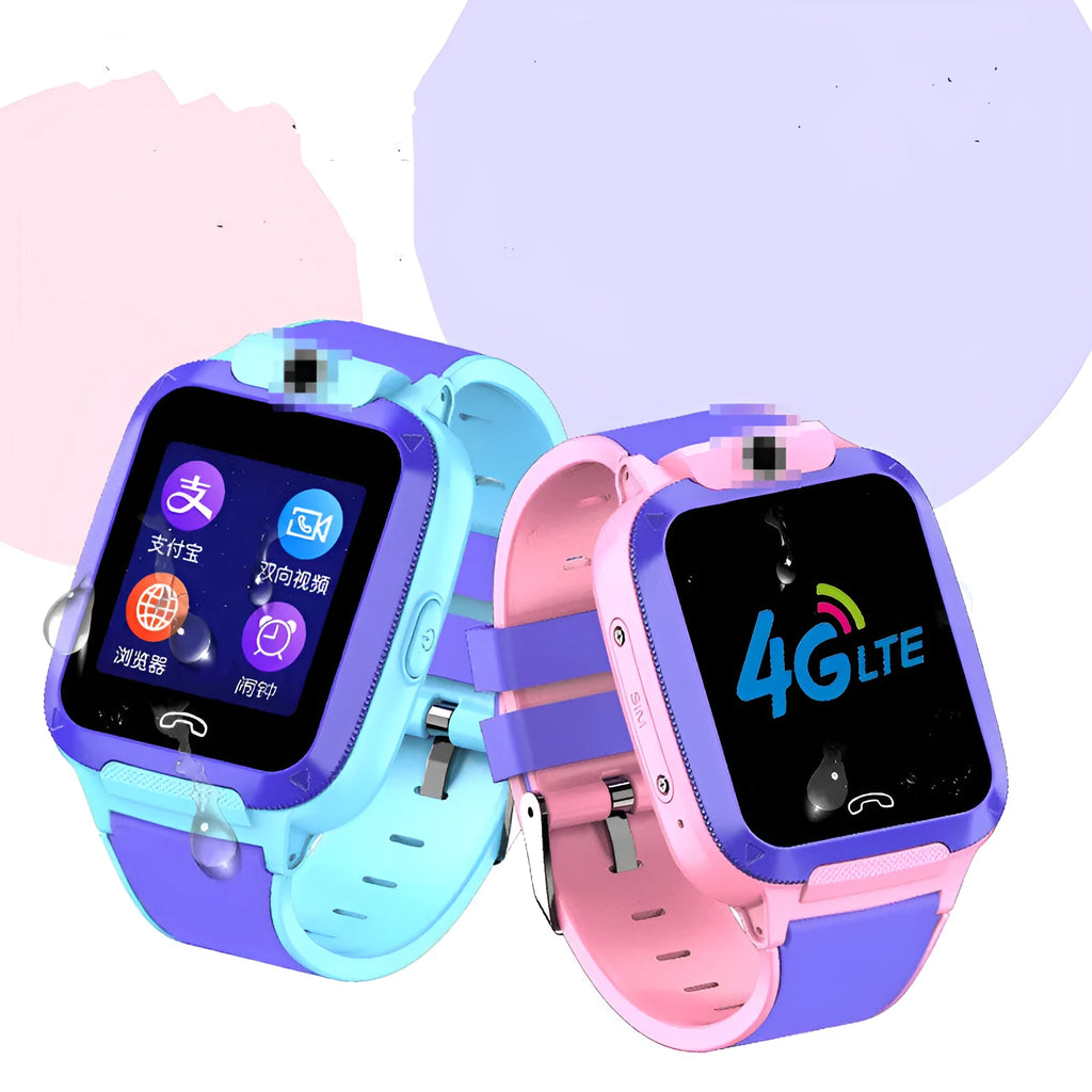 Blue children's smartwatch with a 1.44-inch screen on a silicone strap, showing a video call interface.