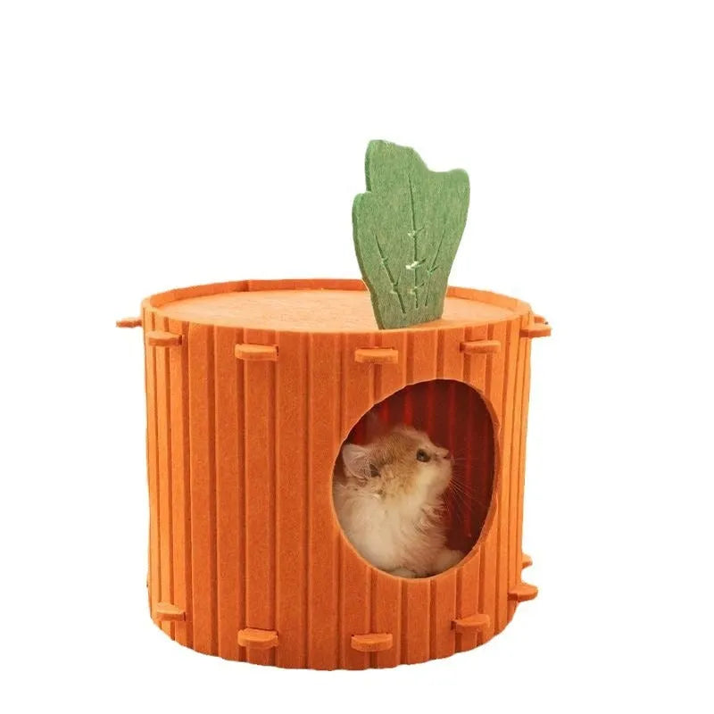 Orange carrot-shaped felt cat bed tunnel with entrance hole, shown in medium and large sizes.