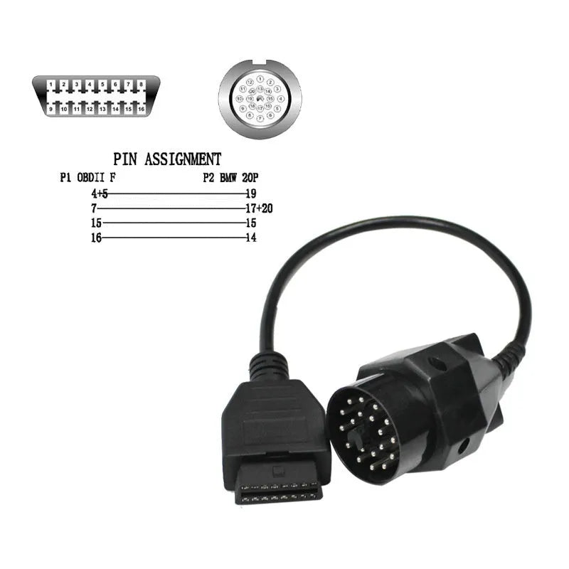 BMW 20-pin to 16-pin OBD2 diagnostic port adaptor cable on a white background.