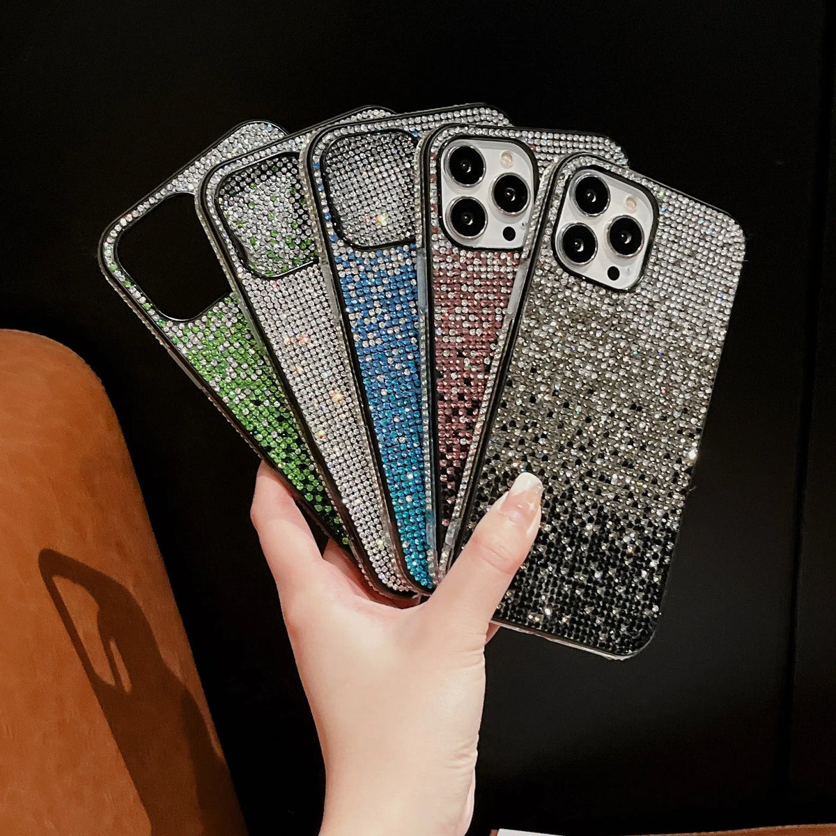 Rainbow stripe diamond iPhone case in TPU and PC, back cover style, available in blue, gold, orange and purple.