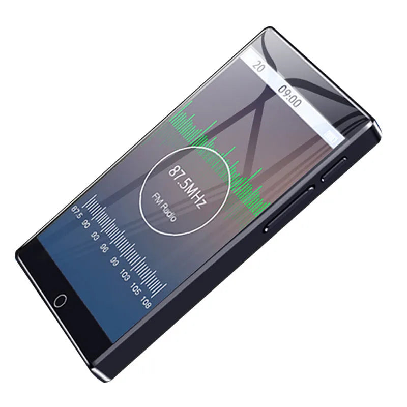 Black Ruizu H1 slim MP3 MP4 player with 4-inch touch screen display on a dark background.