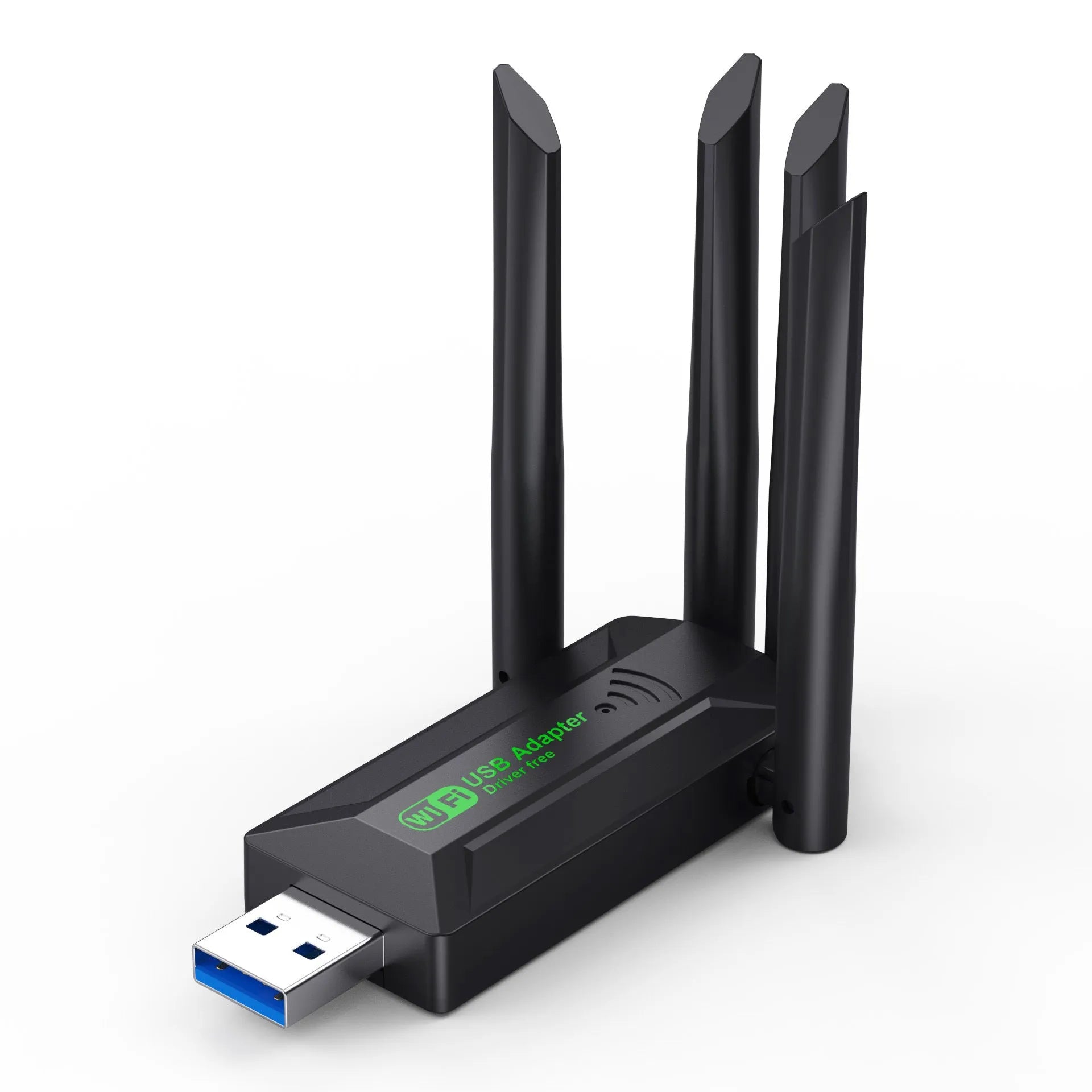Black USB network transmitter with four antennas for computer wireless connectivity