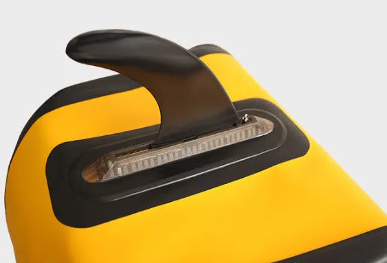 Heytur SUP paddle with large removable plastic fish fins for water dispensing, showing the complete unit.
