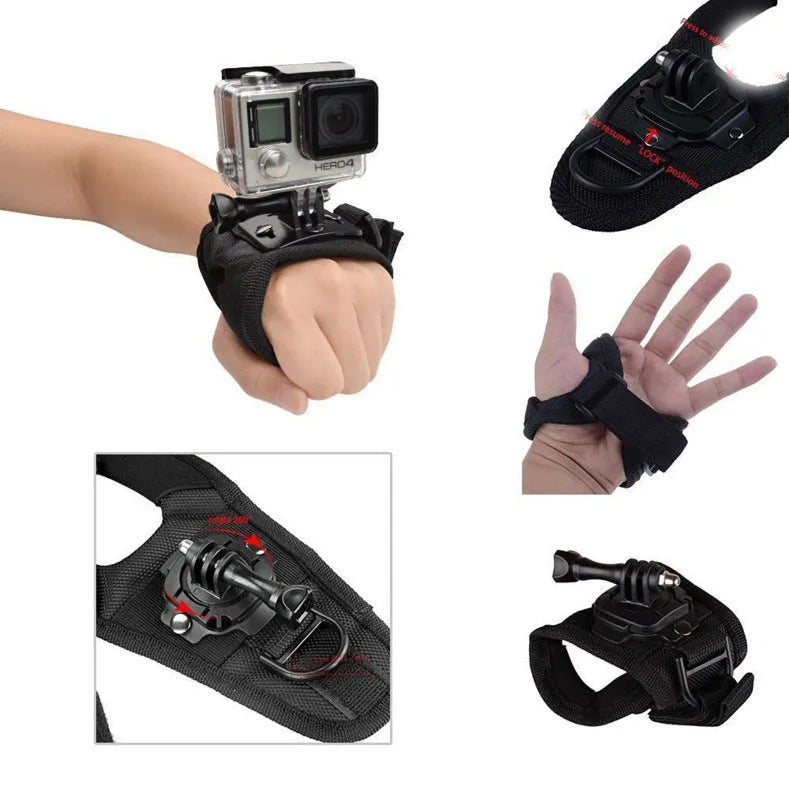 Black GoPro wrist strap with 360-degree rotating camera mount and cushioned back design