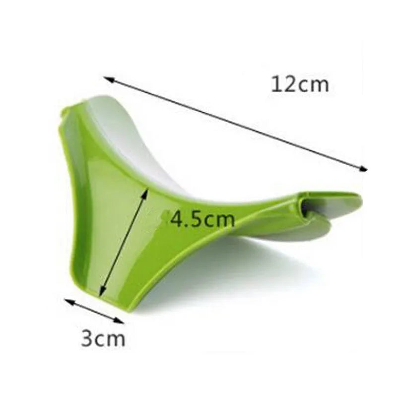 Green silicone kitchen funnel tool for circular pots with clamp design to prevent spills