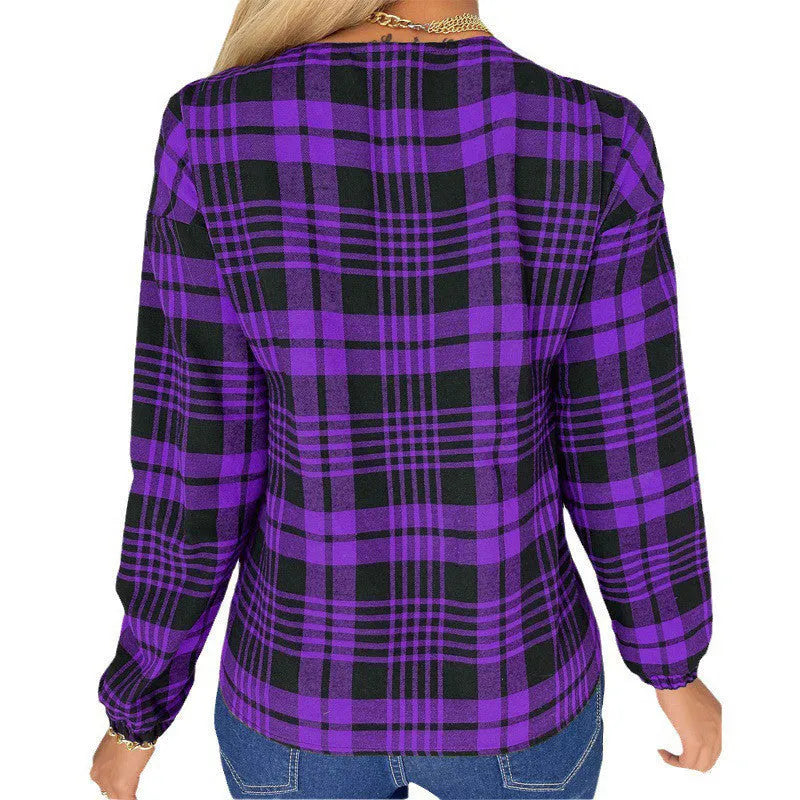 Women's loose plaid casual shirt in polyester available in grey, purple and red colours with regular sleeves