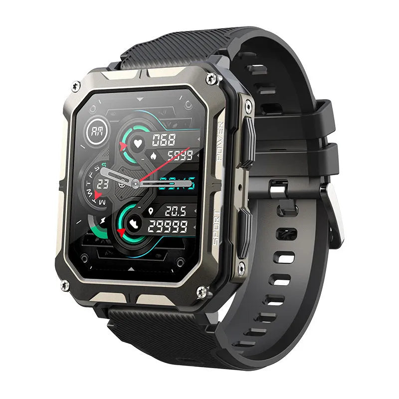 Smart bracelet with TFT screen and touch button in black, showing heart rate monitoring and Bluetooth calling features