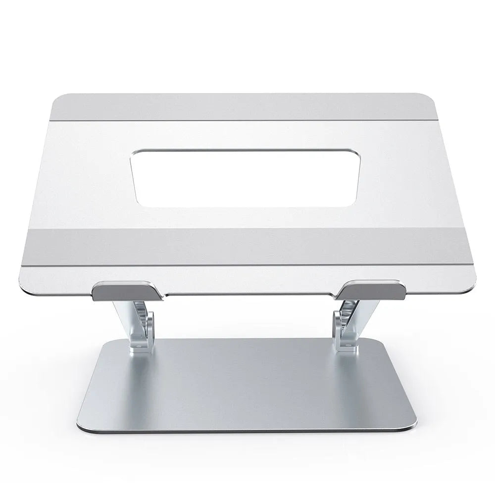 Folding aluminium alloy lifting laptop stand in black on a wooden desk showing adjustable height