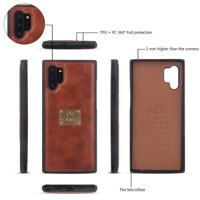 Black PU leather mobile phone wallet case with zip closure, shown next to cards for Samsung and iPhone models.