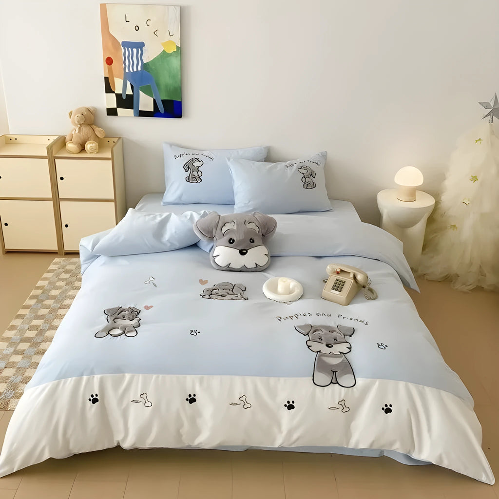 Cute Schnauzer cartoon pattern cotton bed sheet set showing quilt cover, flat sheet and pillowcases