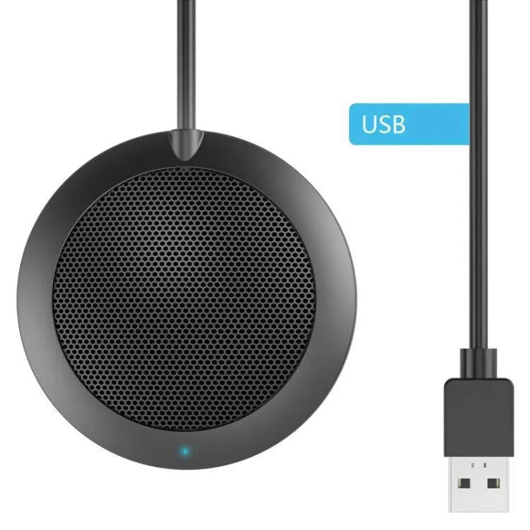 Black USB video conference microphone with zinc alloy shell and metal mesh cover, 70mm diameter, 15mm thick, 2m cable