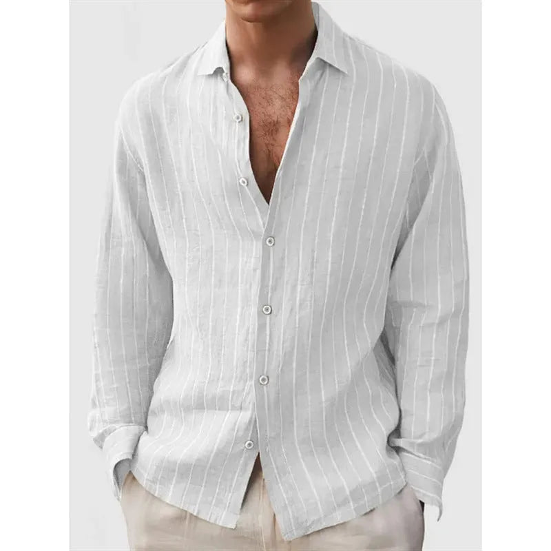 Men's loose-fitting striped cardigan-style shirt in polyester fabric showing colour and pattern details
