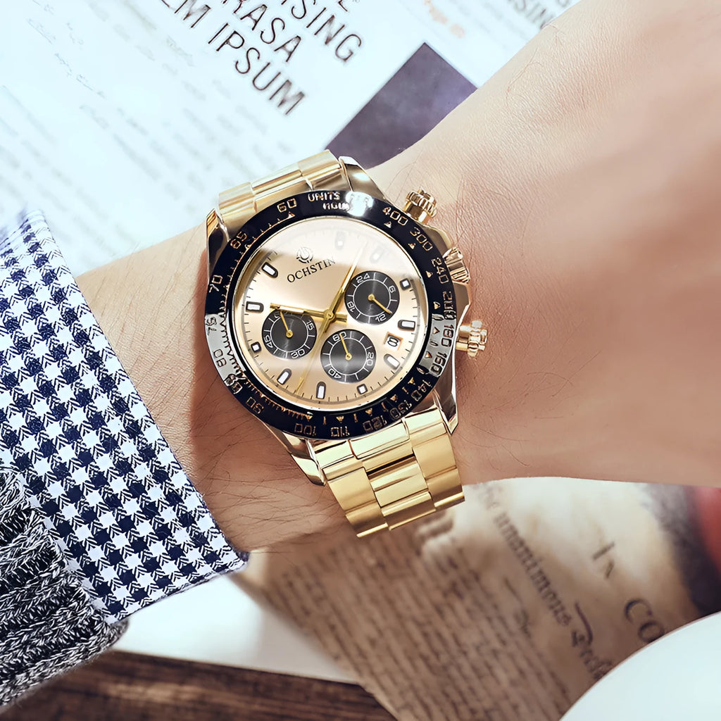 Stainless steel waterproof watch with 43mm case, 22mm strap, multifunction dial, available in rose gold, gold, black, and silver.