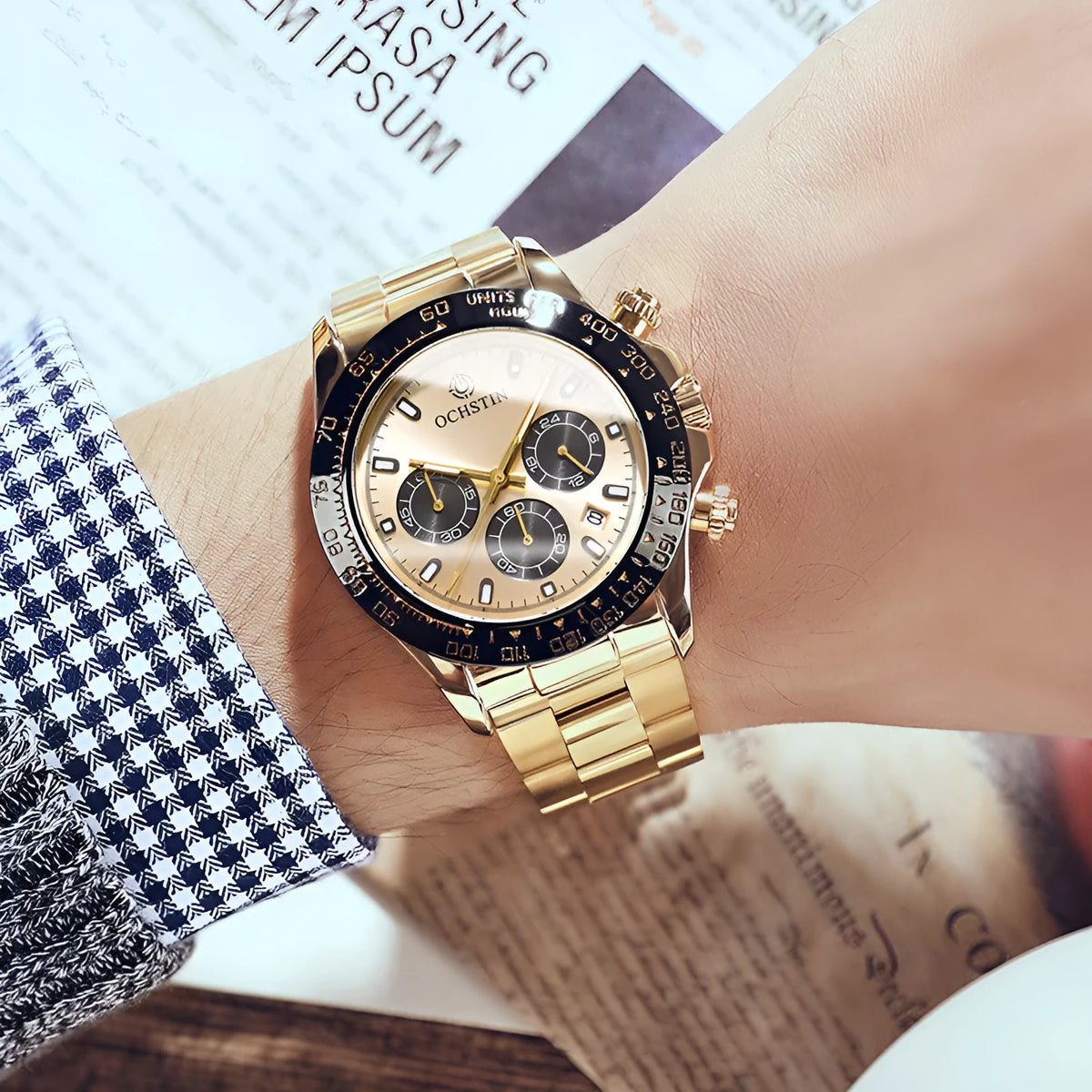 Stainless steel waterproof watch with 43mm case, 22mm strap, multifunction dial, available in rose gold, gold, black, and silver.