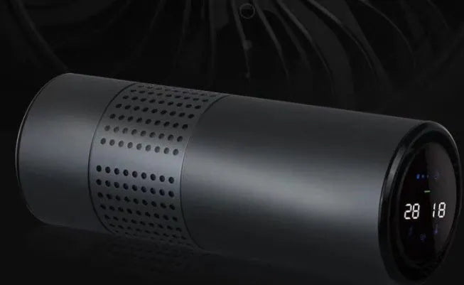 Aluminium alloy car cup holder air purifier with USB cable and negative ion generator display.