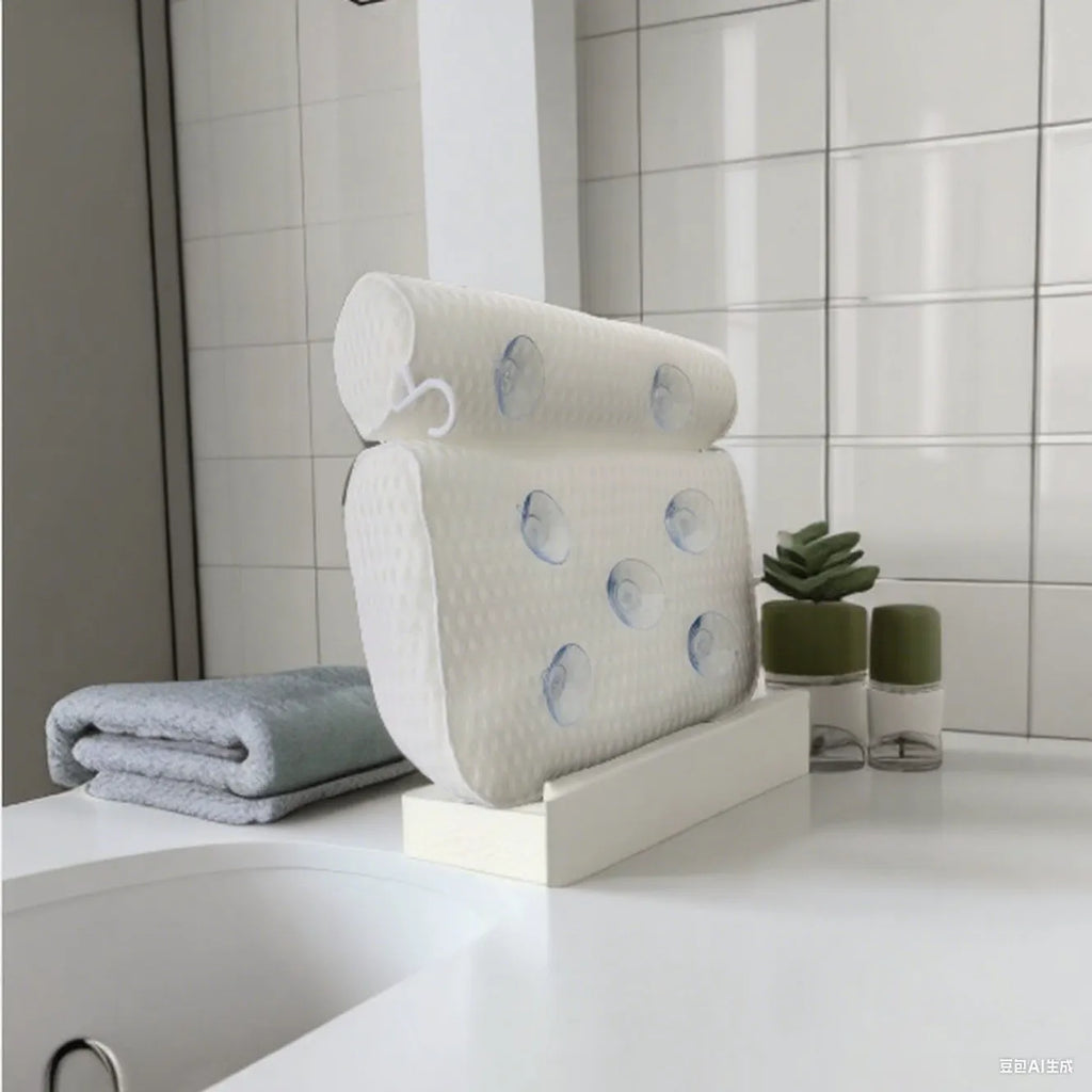 White 4D mesh bathtub pillow with suction cups on a bathtub