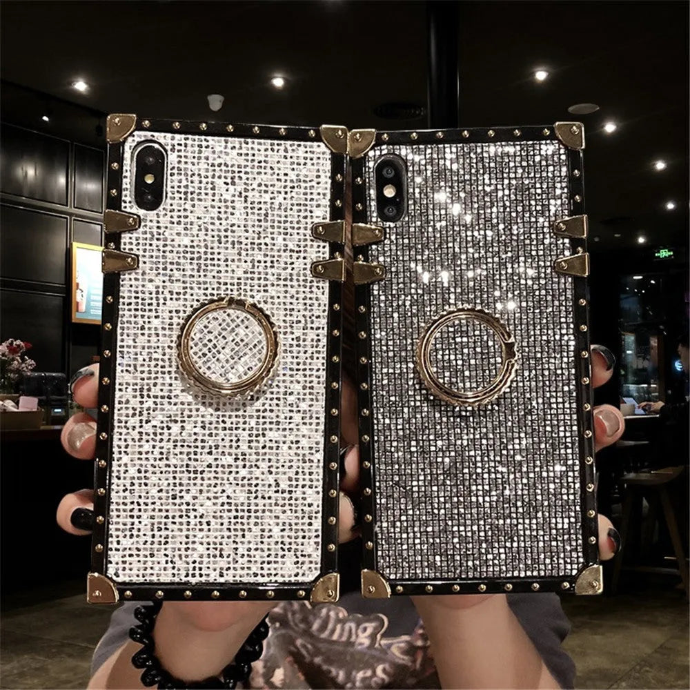 Square TPU mobile phone case with flash diamond bracket in gold, grey, red, and silver colour options