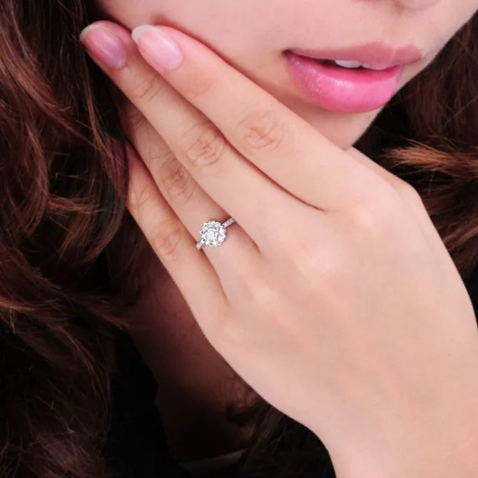 Micro carat diamond and zircon engagement ring set in white gold, available in sizes 16-19