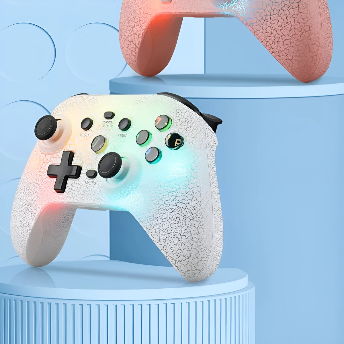 NS21 RGB lamp effect gamepad with Type-C interface, ABS body, 18.2 x 7 x 14 cm, shown in black, pink, and white