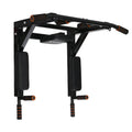 Black wall-mounted steel fitness equipment with parallel bars and sandbag rack attachments for home gym training