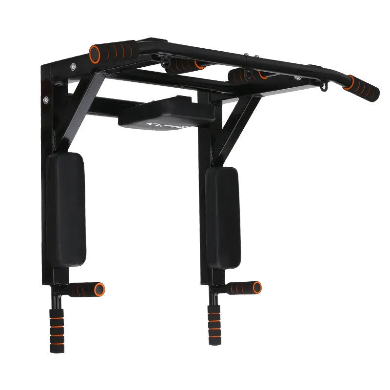 Black wall-mounted steel fitness equipment with parallel bars and sandbag rack attachments for home gym training