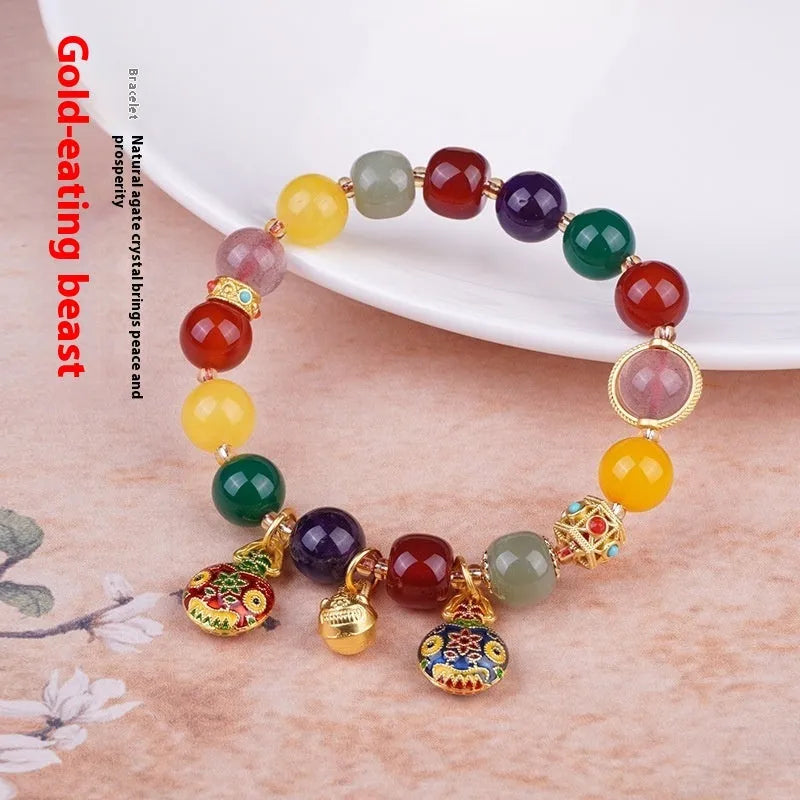 Hand-woven agate bracelet with 10mm Swallowing Gold Beast beads in animal design