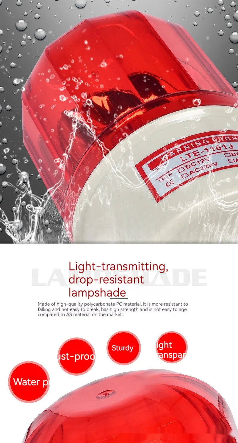 LTE-1101J industrial rotating warning light in red, yellow, or green with optional audible alarm