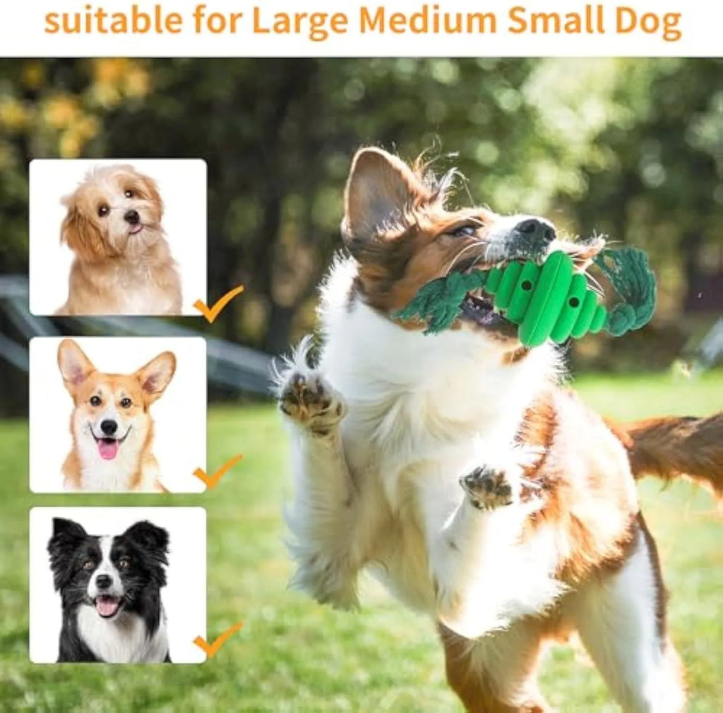 Green and yellow dog ball with rope attachment for large breed interactive play and treat dispensing