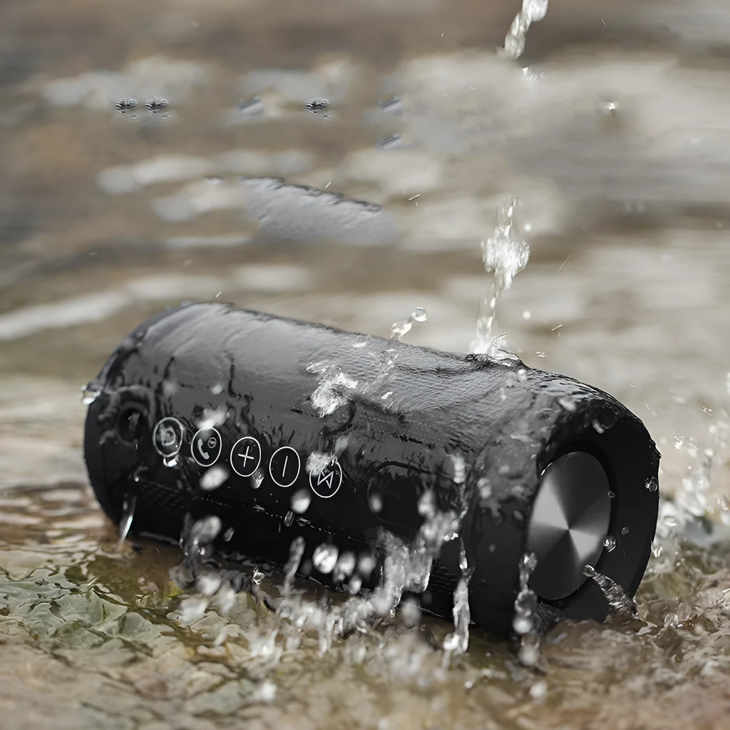 A compact outdoor waterproof card speaker in a choice of colours, shown with a Bluetooth symbol and music notes.