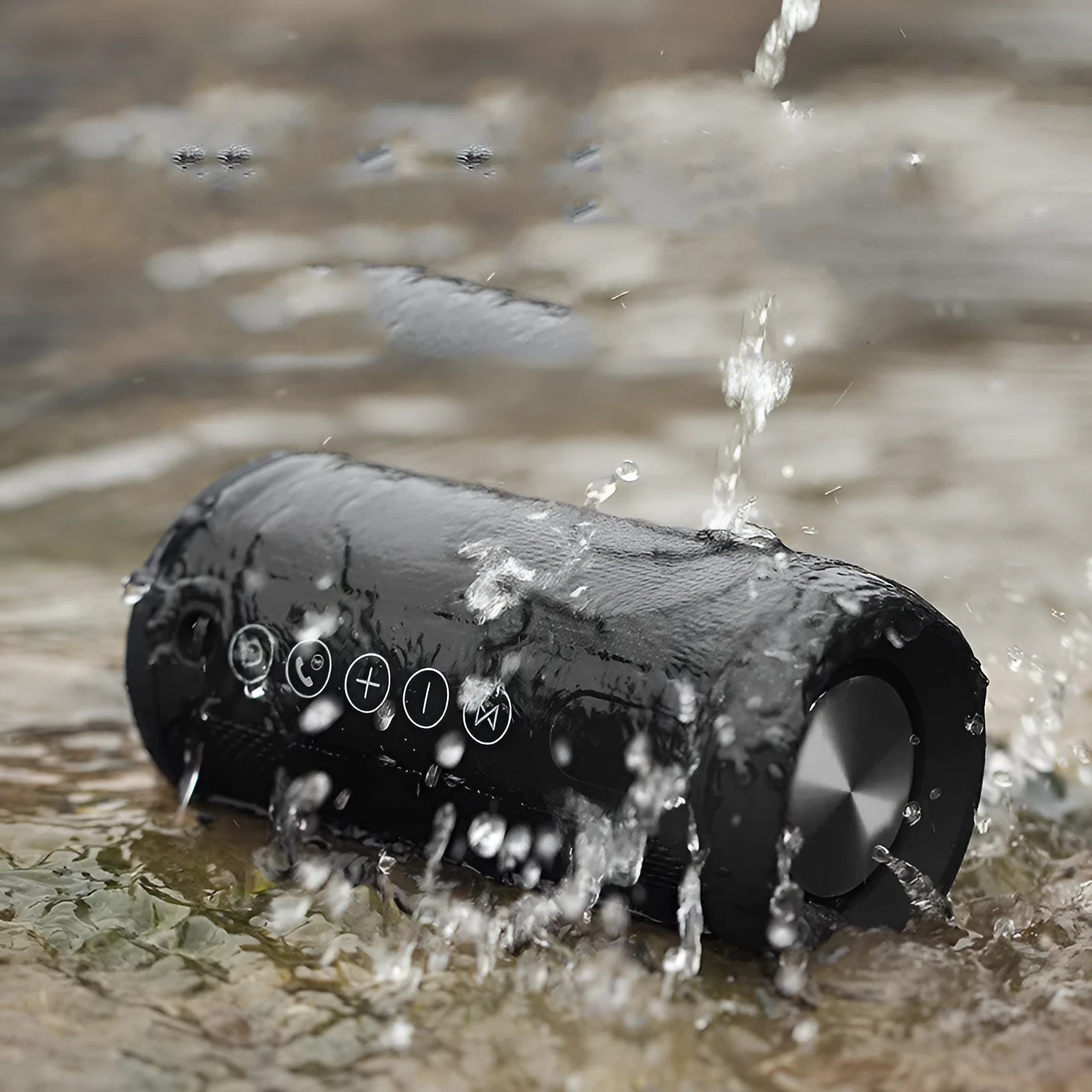 A compact outdoor waterproof card speaker in a choice of colours, shown with a Bluetooth symbol and music notes.