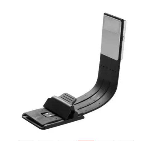 Black folding LED reading lamp with USB charging port and adjustable brightness settings