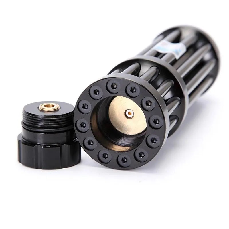 Black anodised aluminium tactical flashlight with blue laser pointer.
