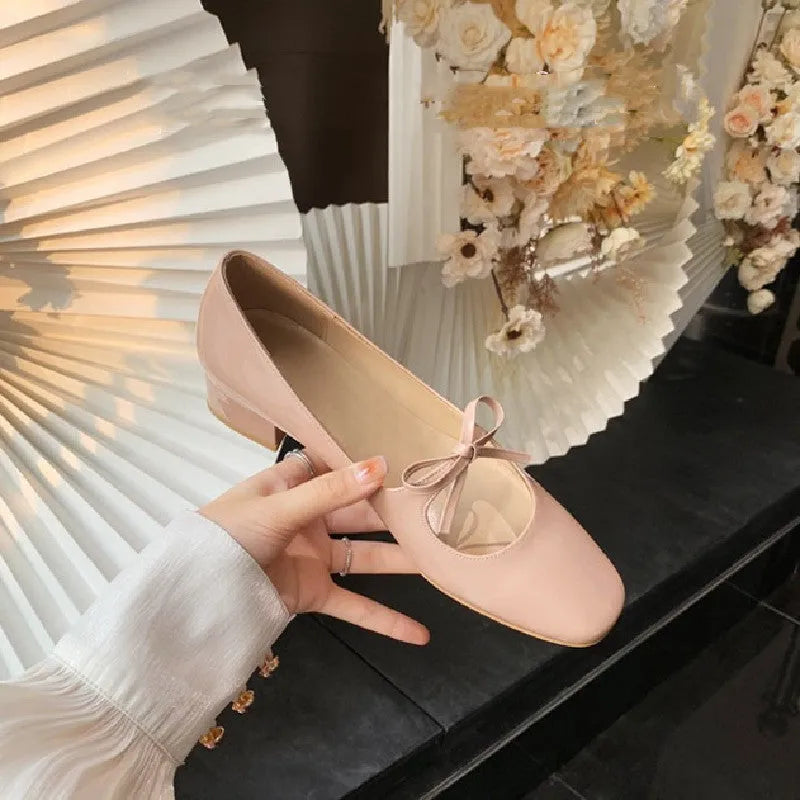 Women's bow shallow mouth Mary Jane shoes in nude pink with microfiber upper and flat sole