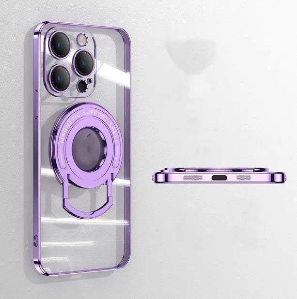Transparent magnetic iPhone case with a silver pull-out bracket extended, showing dark purple iPhone inside.