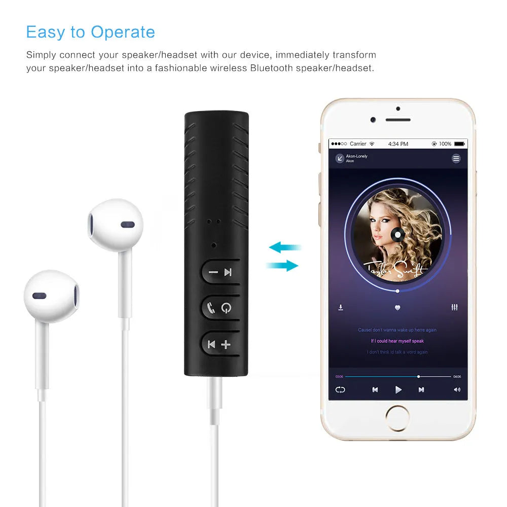 Black Bluetooth audio receiver car kit with 3.5mm jack for wireless music streaming and hands-free calling