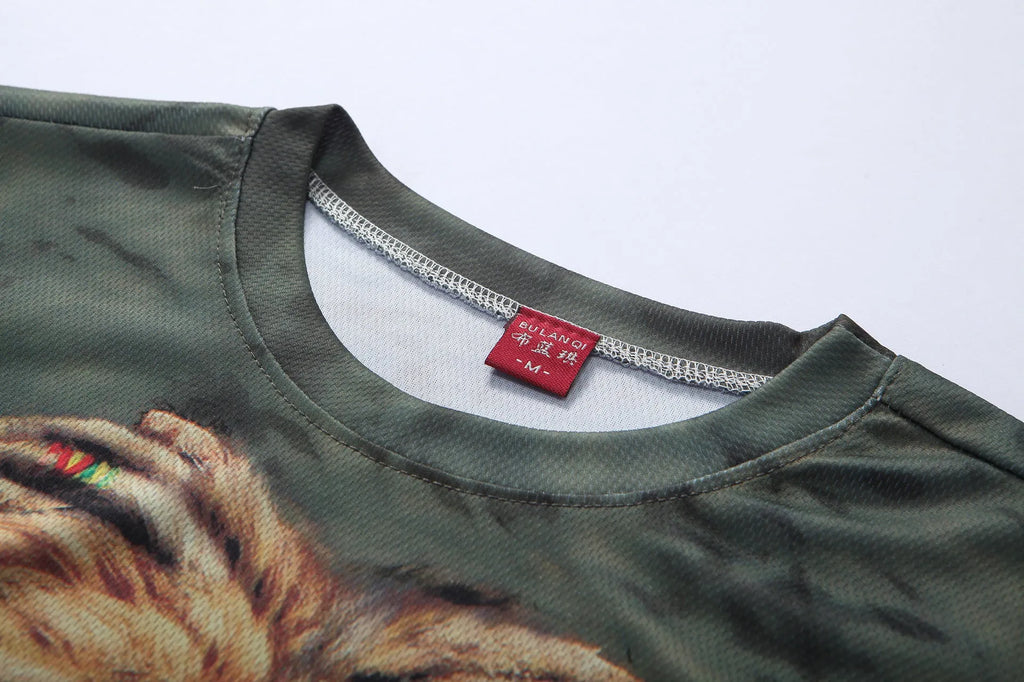 3D printed lion graphic on a men's round neck short sleeve t-shirt in summer style