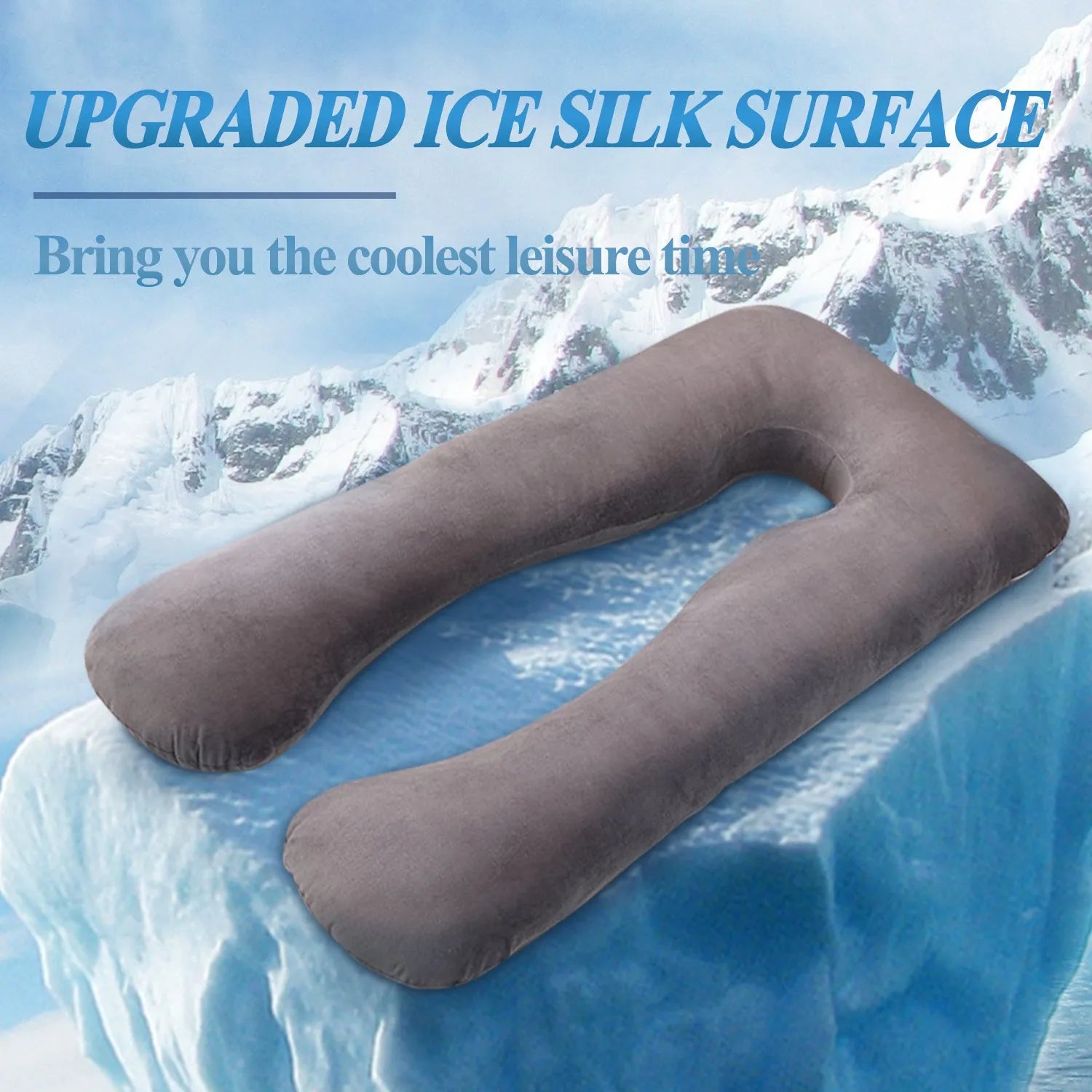 U-shaped white maternity pillow with ice silk cover on a bed, showing its full-body support shape for pregnancy.