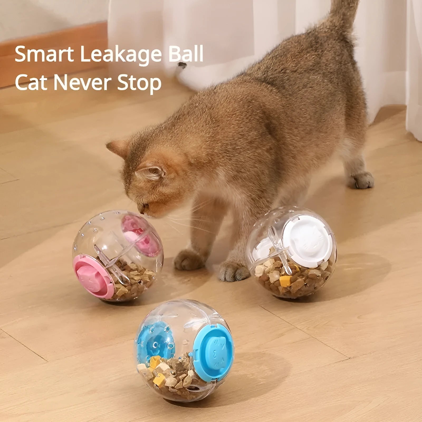 Blue ABS plastic slow feeding ball for dogs and cats, 11.5cm in diameter, on a plain background.