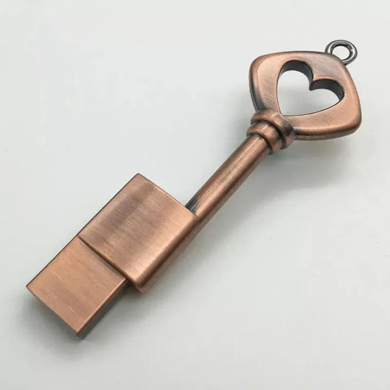 Heart shaped bronze metal USB pendant flash drive with keychain loop