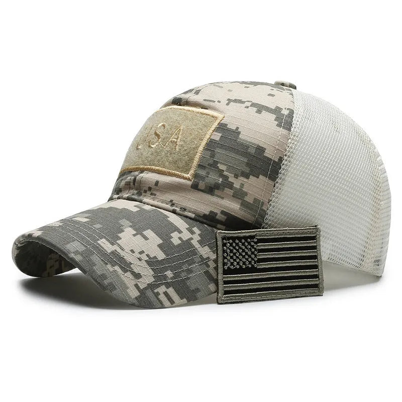 Tactical camouflage baseball cap with adjustable velcro strap and cotton dome crown