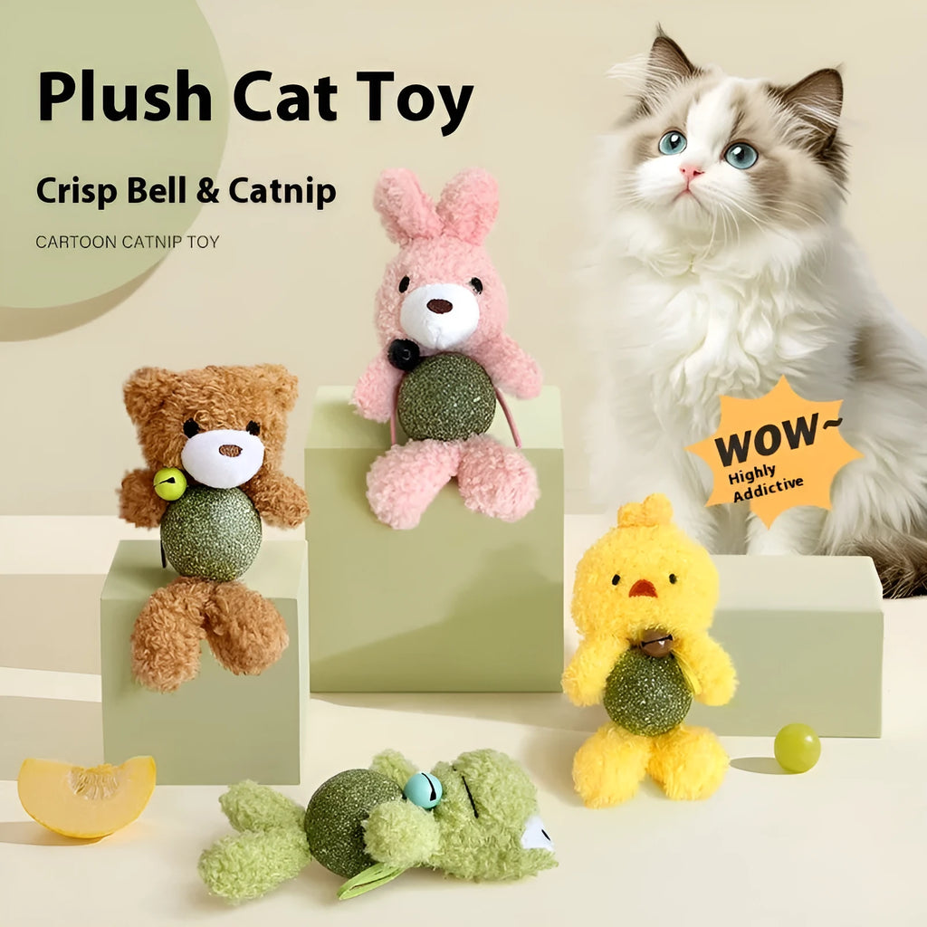 Plush catnip ball toy in brown bear design with a small bell, measuring 15cm tall.