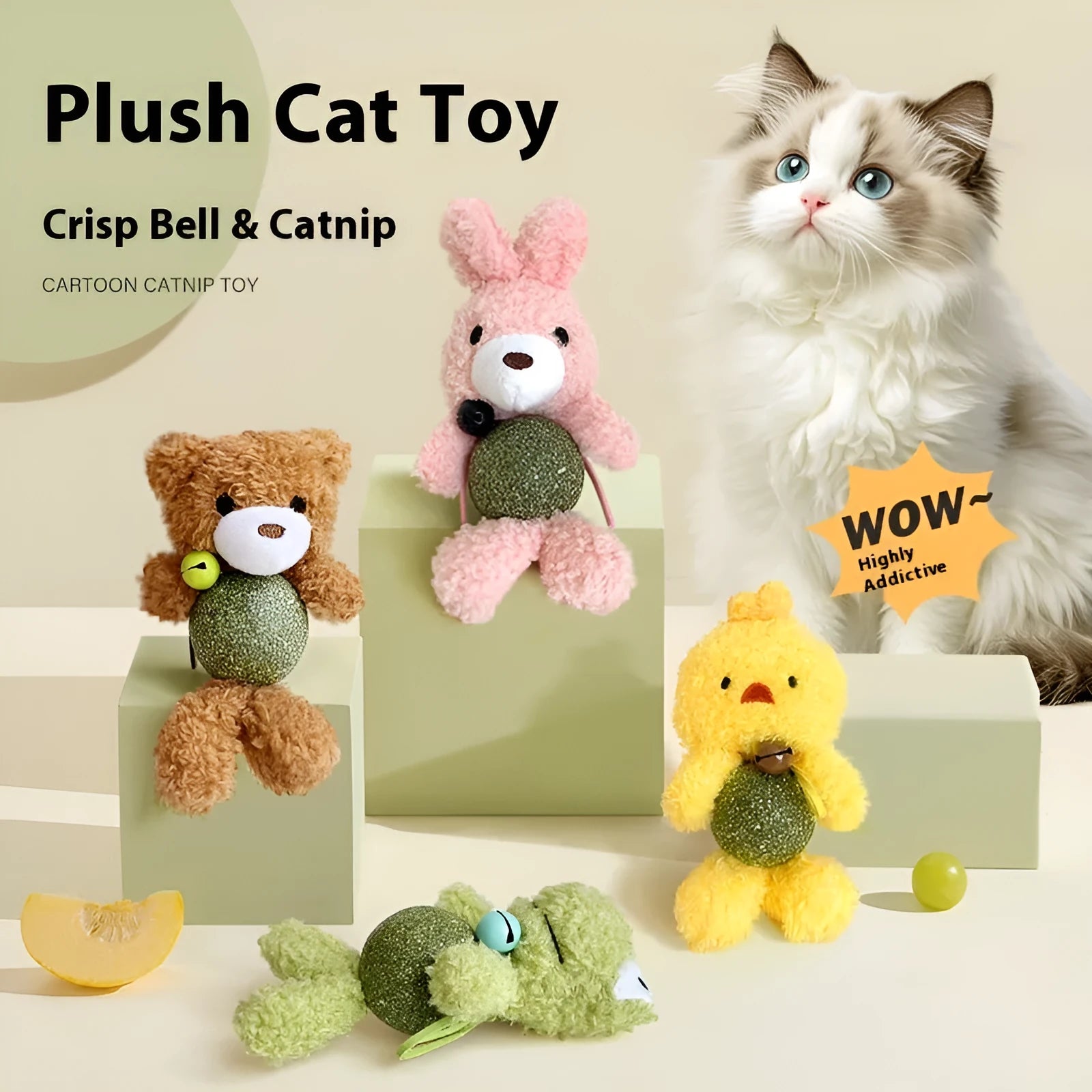 Plush catnip ball toy in brown bear design with a small bell, measuring 15cm tall.
