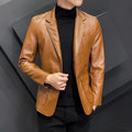 Men's solid colour PU leather polo collar coat with extended 100cm length and tight fit in black