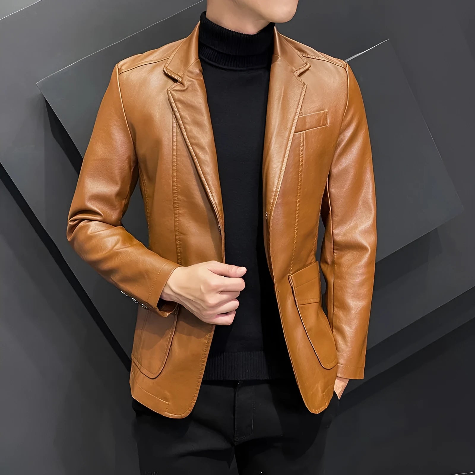 Men's solid colour PU leather polo collar coat with extended 100cm length and tight fit in black