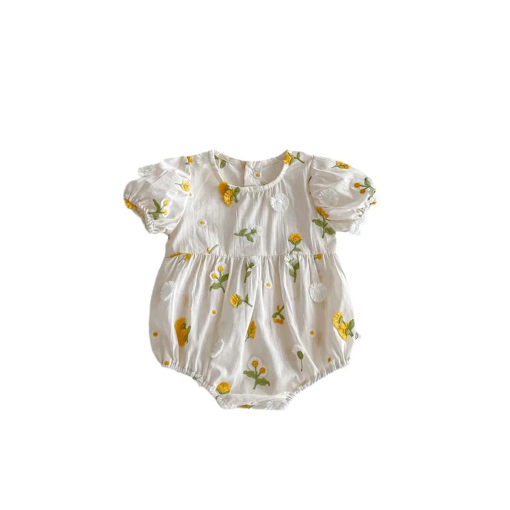 Apricot cotton baby romper with embroidered sunflower, short sleeves, triangle jumpsuit shape and hidden hook closure.