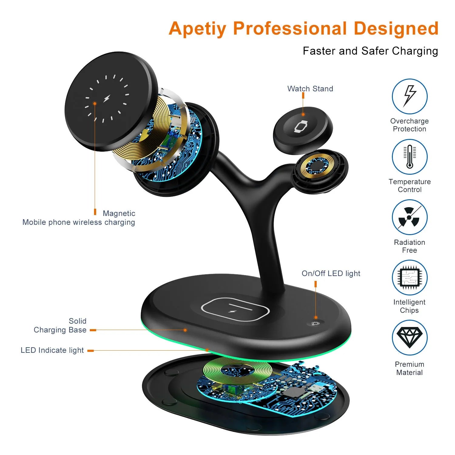Black three-in-one magnetic wireless charger for phone, smartwatch, and earbuds.