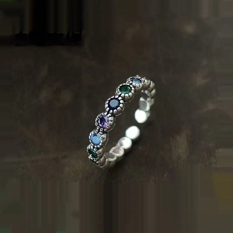 Women's geometric adjustable ring with colourful zircon stones in retro silver colour